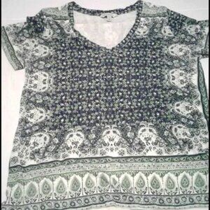 Lucky Brand Boho Navy & Green Floral Casual Lounging Short Sleeve Tee